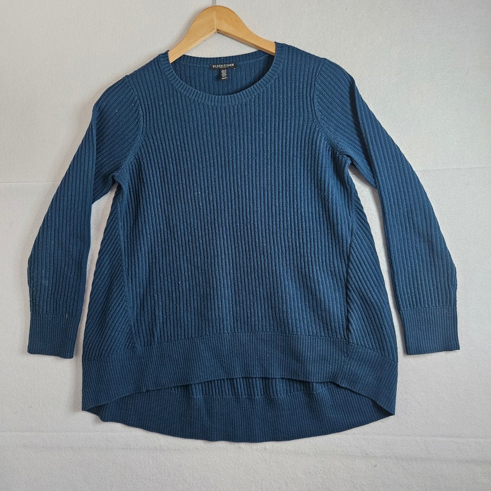 Eileen Fisher Petite Extra Fine Merino Wool Ribbed Sweater Teal Blue PS F19MWE